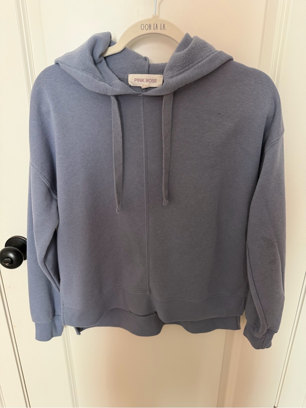 Pink Rose Women's Hooded Cropped Sweater in Dusty Blue